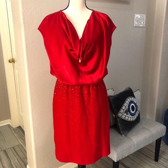 ST. JOHN Black Liquid Satin & Boucle Knit Dress - Picture 3 of 10